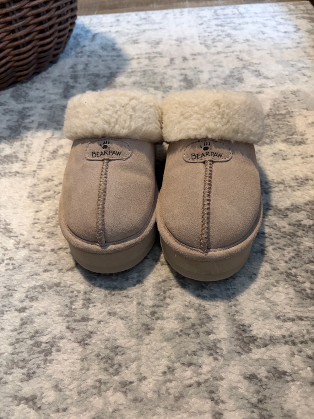 BearPaw Taupe Suede Shearling Clog Slippers
